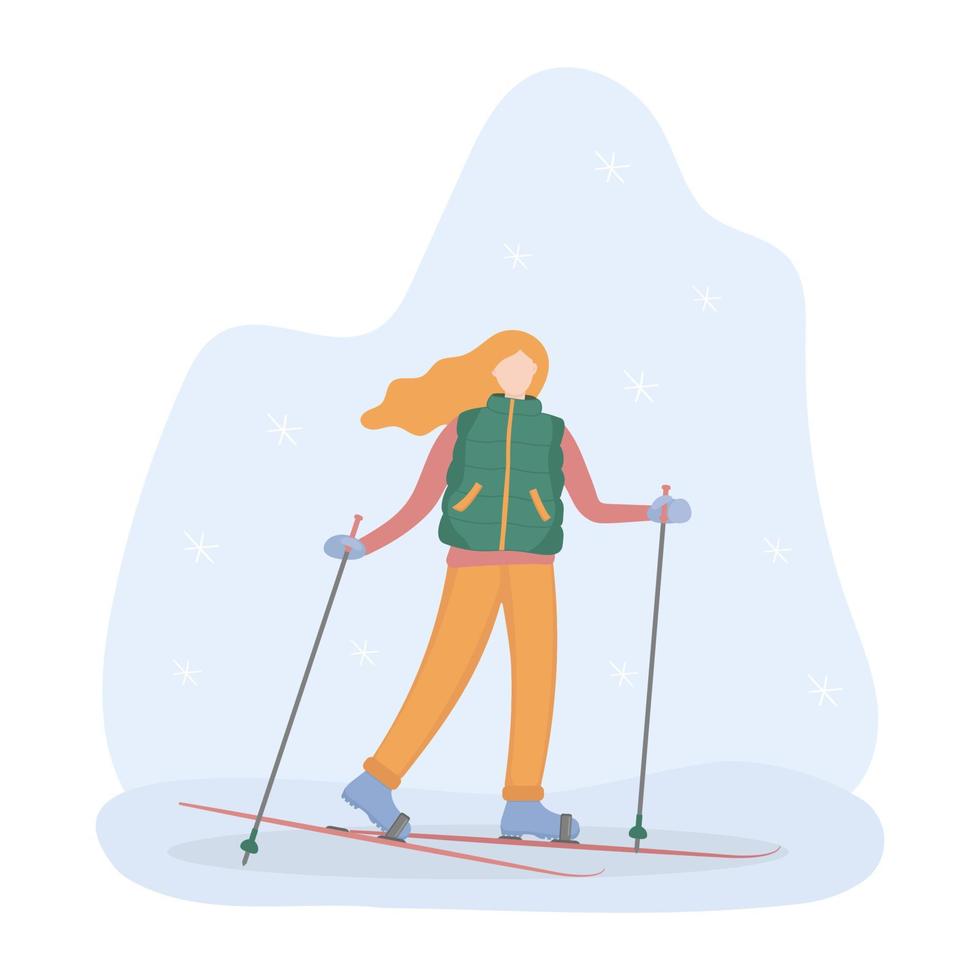 flicka skidåkning i de skogen. vektor illustration