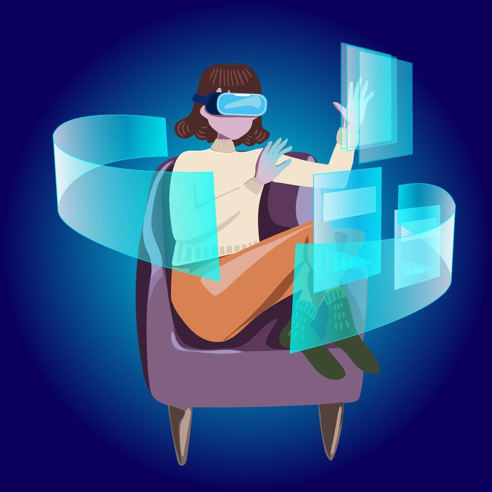 metaverse digitale cyberwelttechnologie, frau, die virtual-reality-brille hält, umgeben von futuristischen schnittstellen-3d-hologrammdaten. Vektor-Illustration. vektor