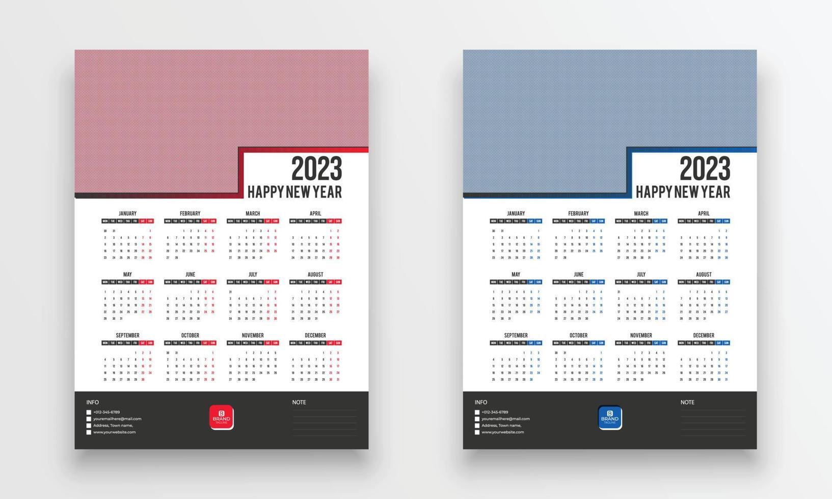 Kalenderdesign 2023. Wandkalender 2023 Jahre Vorlagendesign. vektor