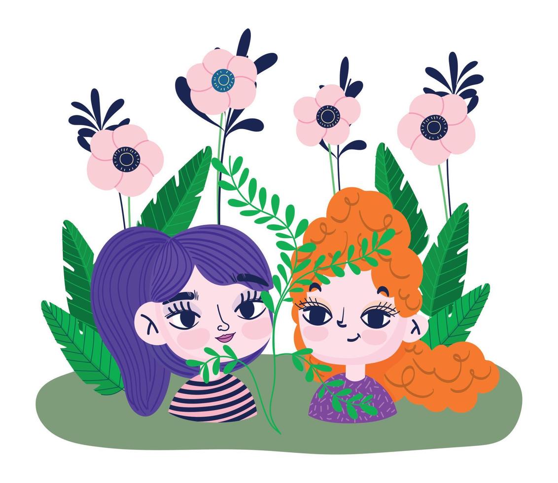 Lycklig flickor ansikten blommor lövverk växter botanik vektor