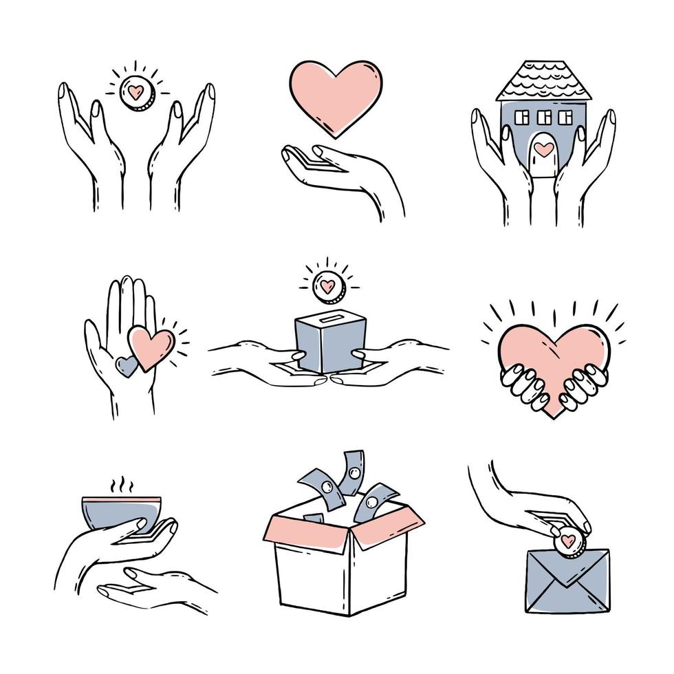 välgörenhet donation för hälsa. en uppsättning med element av hjärtan i hans händer. vektor illustration av en klotter