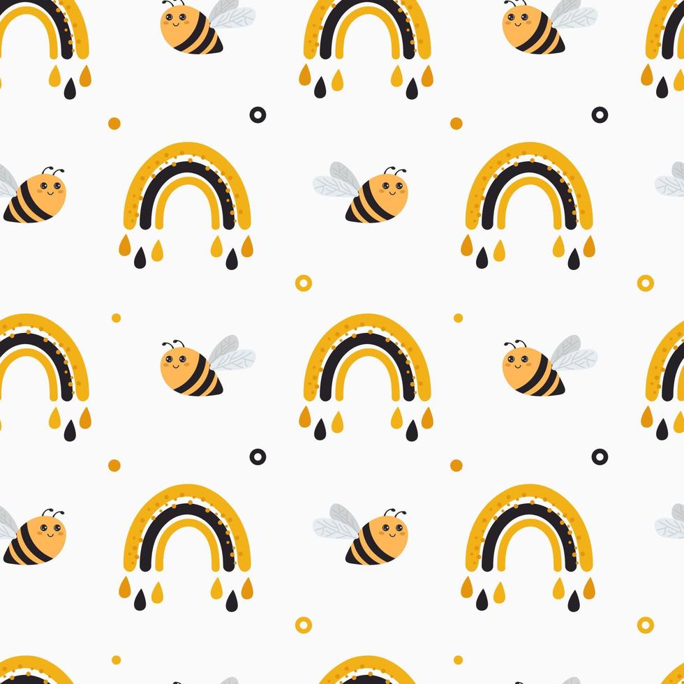 Nahtloses Vektormuster mit Biene und Regenbogen. Babyhintergrund für Geschenkpapier, Grußkarten, Design. vektor