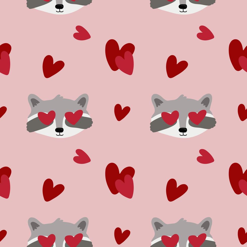 Nahtloses Muster mit Waschbären, Herzen. hintergrund für verpackungspapier, textilien, poster, karten. fröhlichen Valentinstag. vektor