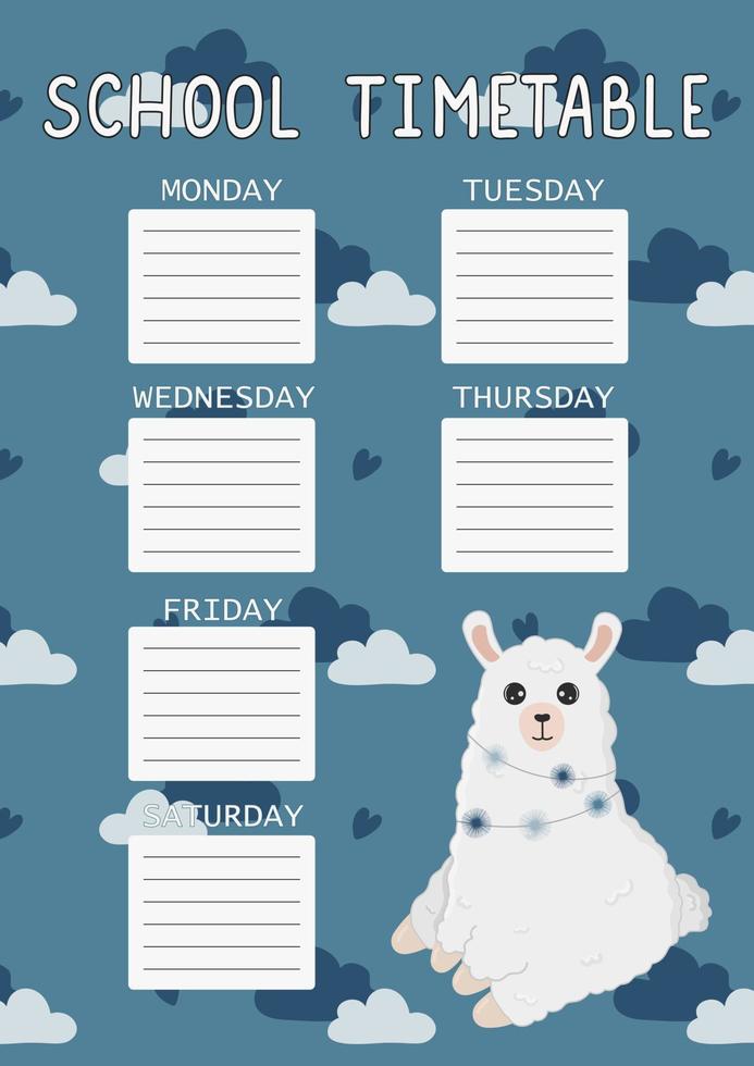 skola tidtabell för barn med söt lama vektor