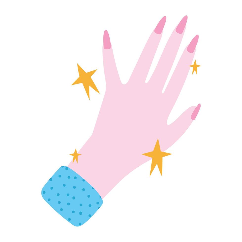 manikyr, skön kvinna hand med rosa nagel putsa i tecknad serie stil vektor