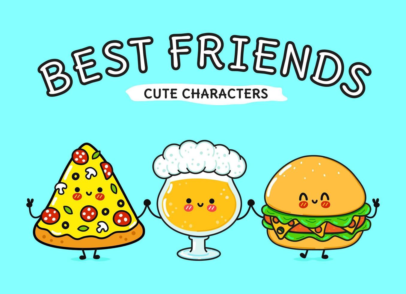 süßes, lustiges fröhliches glas bier, pizza und hamburger. Vektor handgezeichnete kawaii Zeichentrickfiguren, Illustrationssymbol. Lustiges Cartoon-Glas Bier, Pizza und Hamburger-Maskottchen-Freunde-Konzept