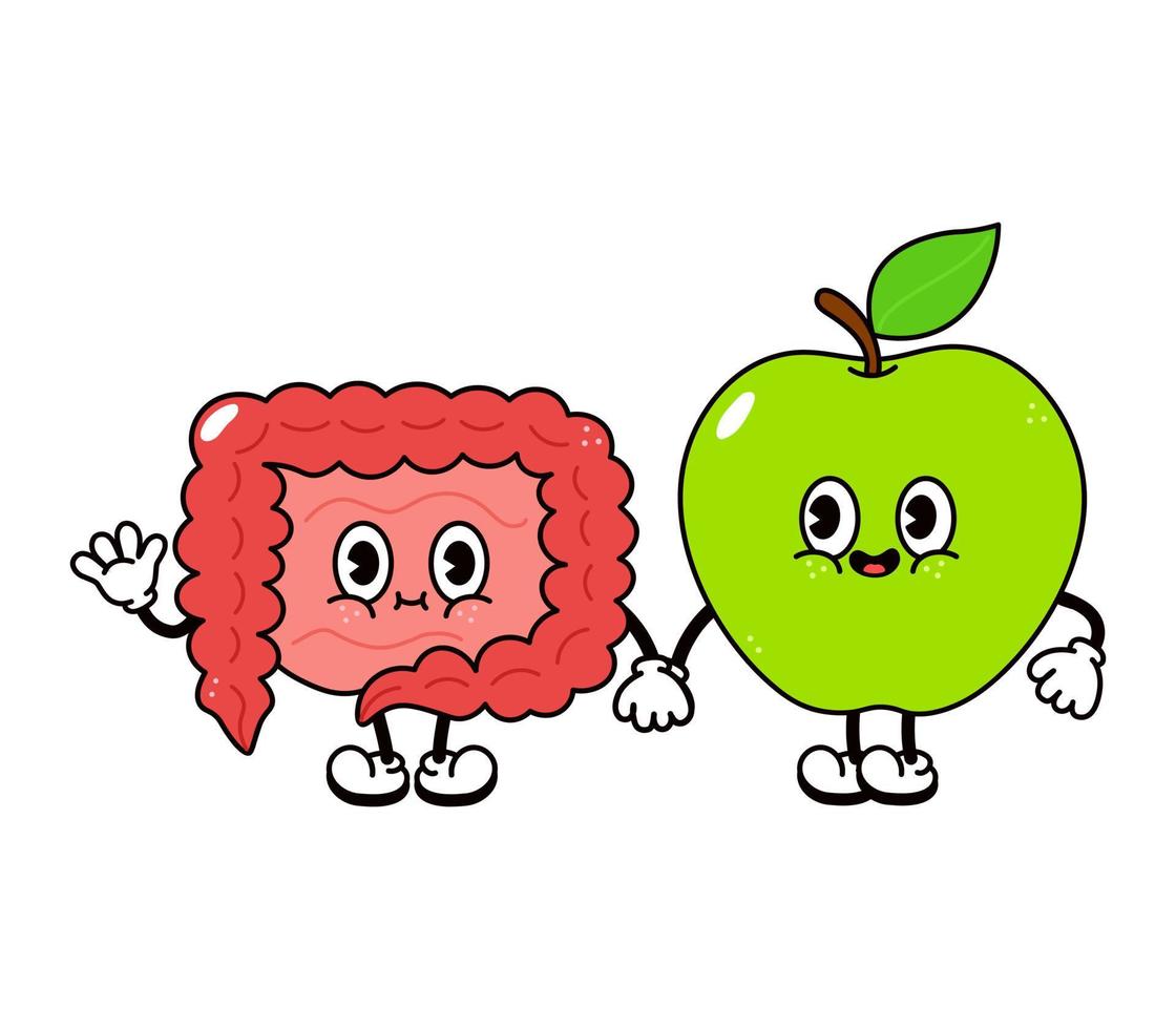 söt, rolig Lycklig tarmar och äpple karaktär. vektor hand dragen tecknad serie söt tecken, illustration ikon. rolig tecknad serie tarmar och äpple vänner begrepp