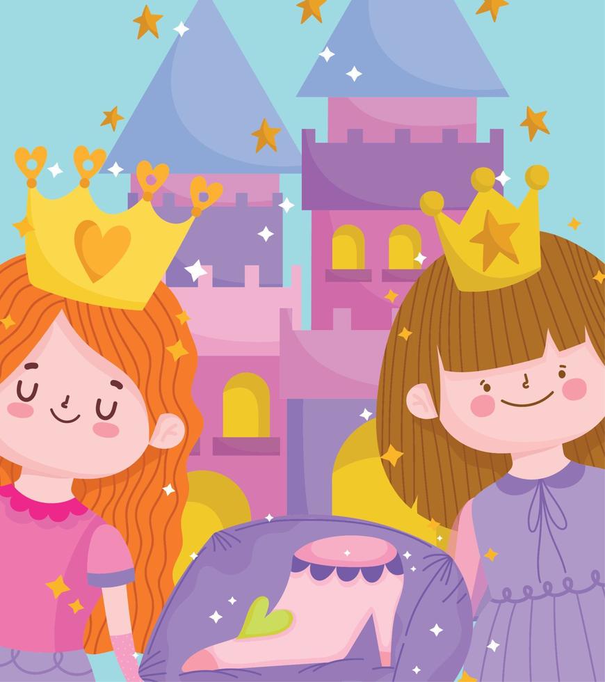 söt liten prinsessa med krona sko och slott fantansy tecknad serie vektor