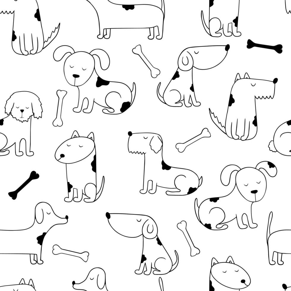 Hunde nahtloses Muster. handgezeichnete verschiedene hunde. handgezeichnete Vektorgrafik im Doodle-Stil auf weißem Hintergrund vektor