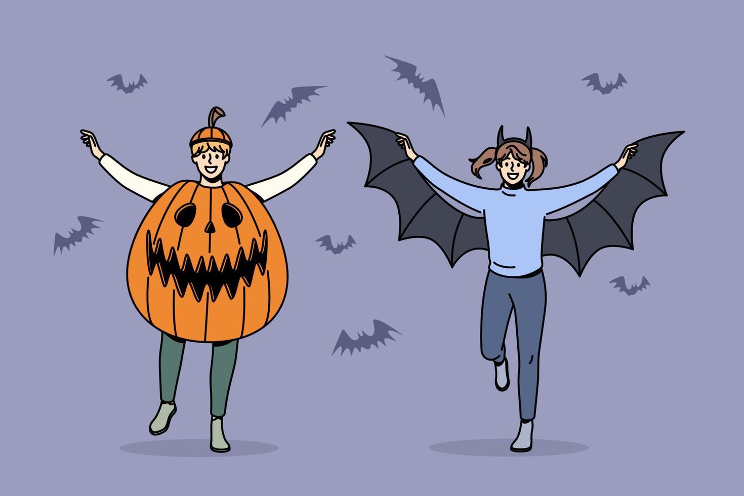 kinder, die halloween-feiertagskonzept feiern. zwei lächelnde glückliche kinder junge und mädchen, die gruselige halloween-kostüme tragen, die feiertagsvektorillustration feiern vektor