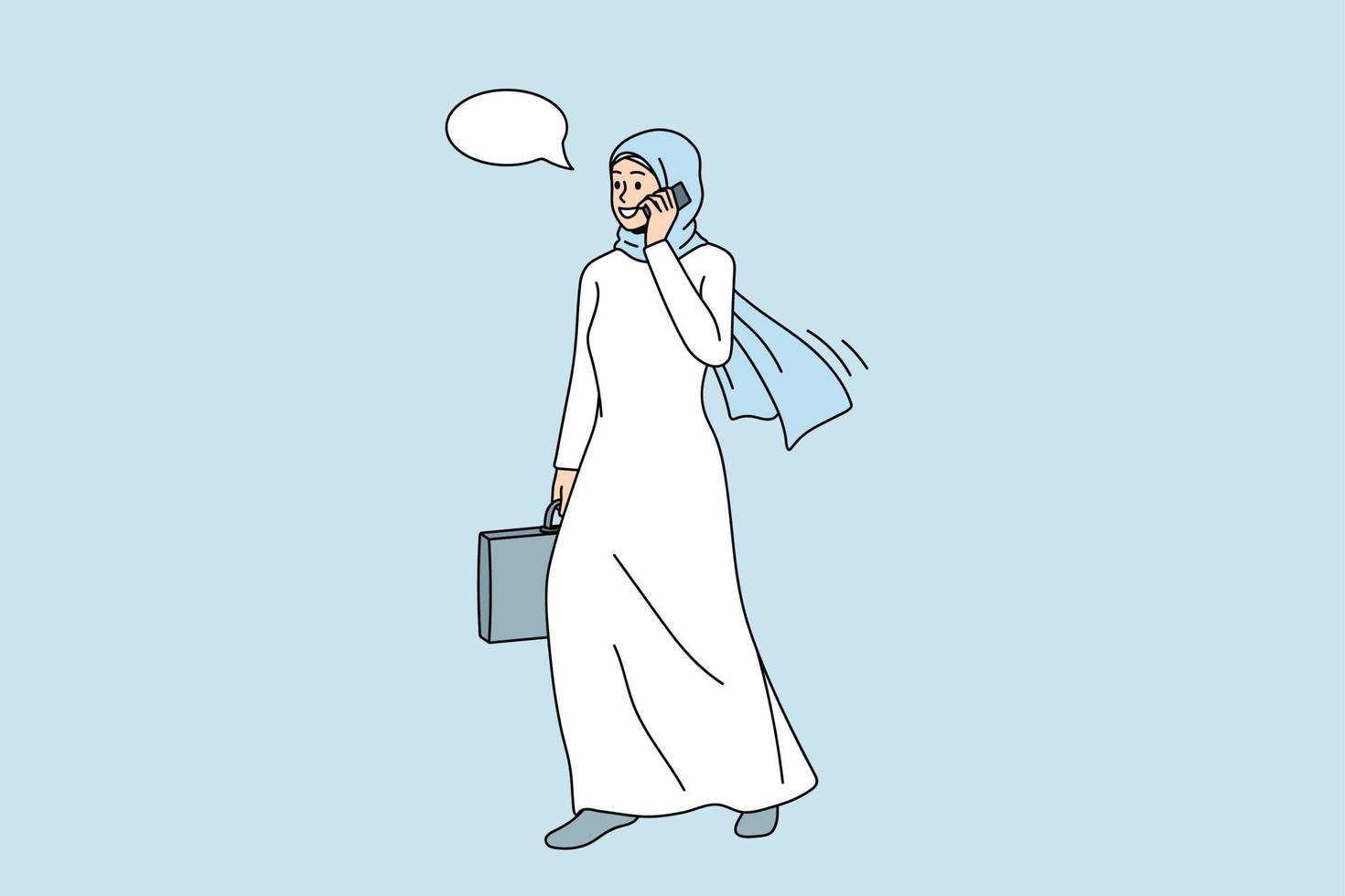 leende muslim affärskvinna i traditionell kläder prata på mobiltelefon med klient. Lycklig islamic kvinna arbetstagare ha företag smartphone ringa upp. teknologi, kultur begrepp. vektor illustration.