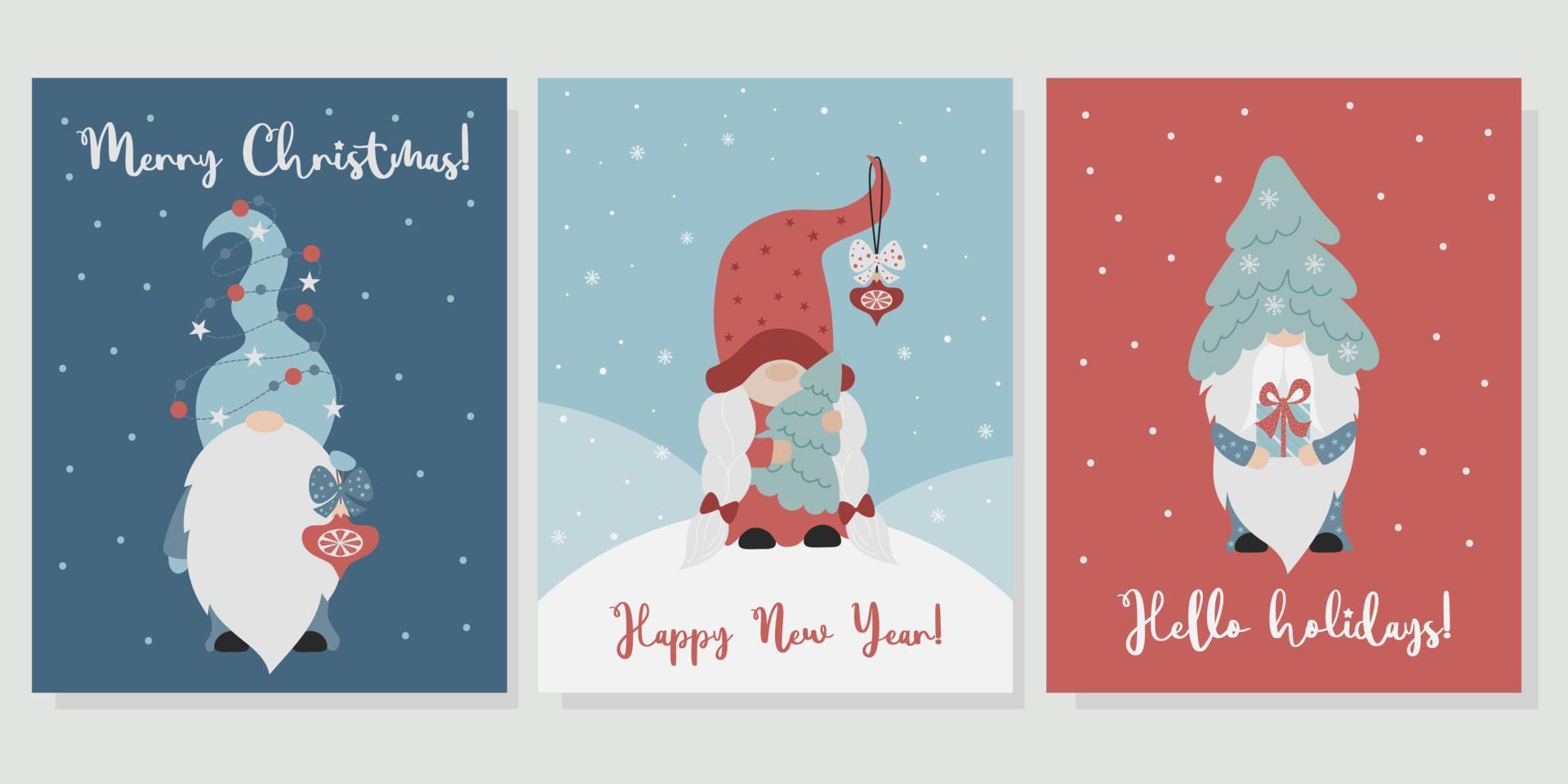 samling jul Semester kort tecknad serie familj tomtar. söt scandinavian gnome flicka och ny år gnome man med jul träd och gåva på snöig bakgrund med hälsningar. vektor illustration.