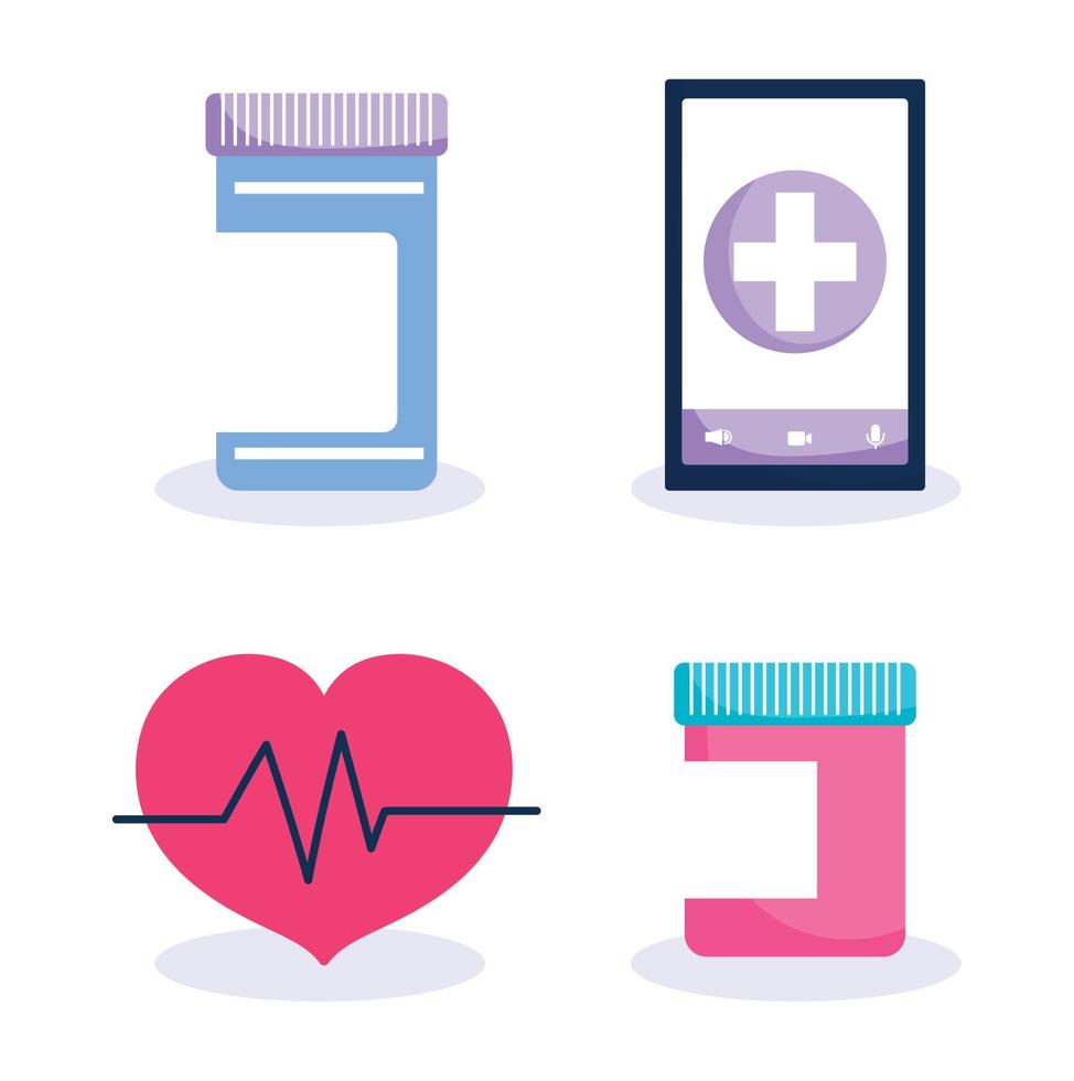 uppkopplad hälsa, smartphone hjärtslag medicin behållare covid 19 pandemi vektor