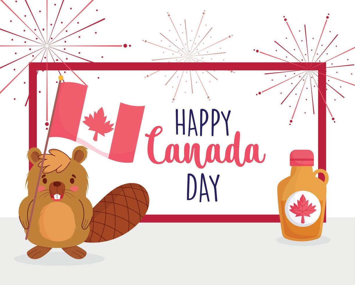 Biber mit Flagge und Ahornsirup des glücklichen Kanada-Tagesvektordesigns vektor
