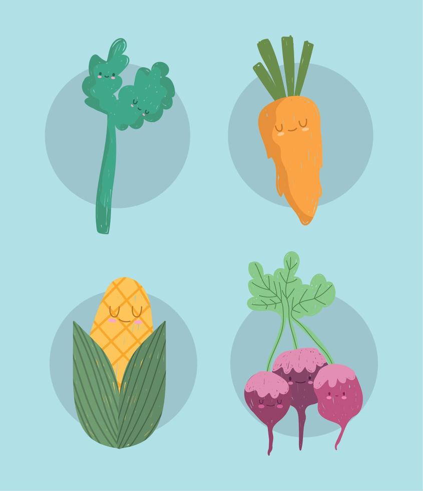 Cartoon Gemüse Karotten Sellerie Rote Beete und Mais-Symbole vektor