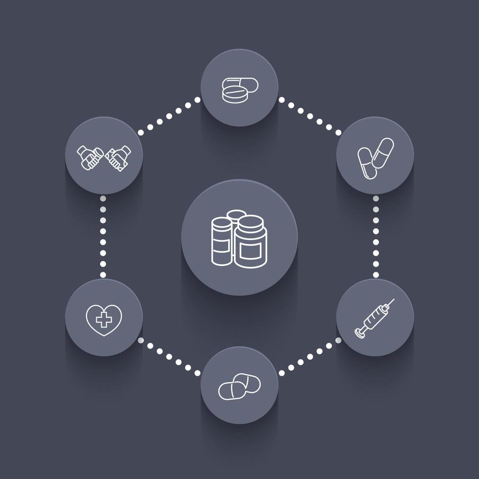 medizin, drogen, pillen, liniensymbole, piktogramme auf runden formen, vektorillustration vektor