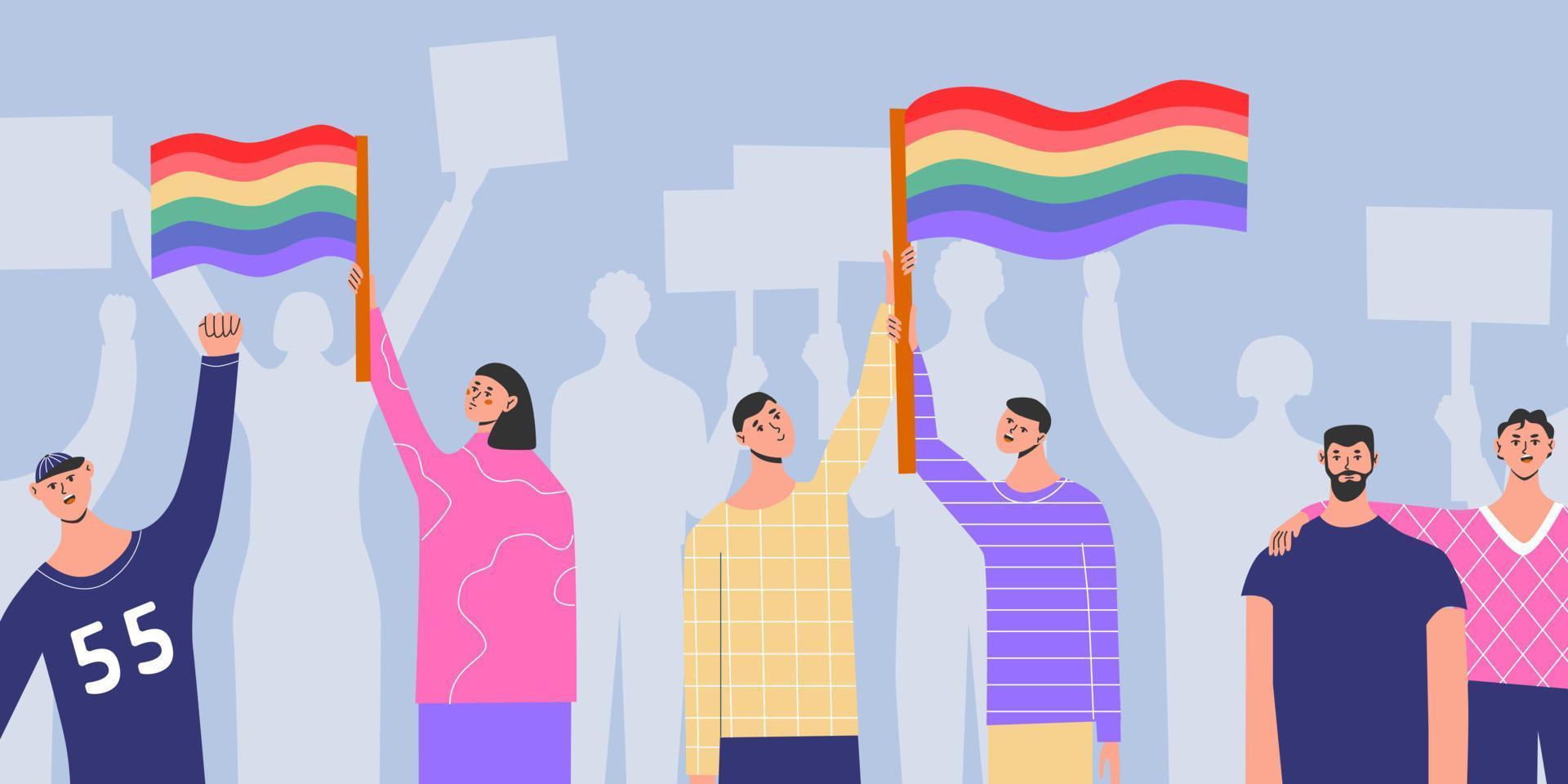människor plakat posters med HBTQ regnbåge trans flagga, stolthet månad, parad mot våld, diskriminering, mänsklig rättigheter. vektor