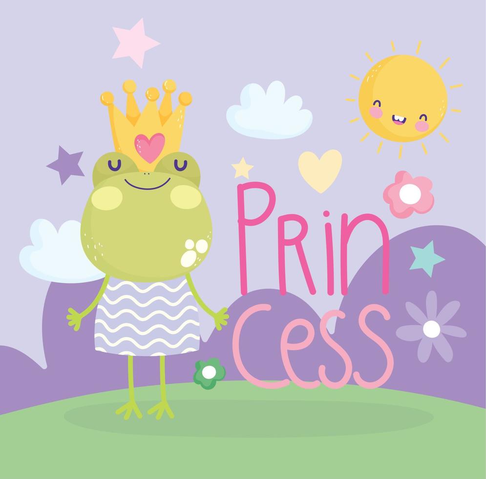 liten groda med krona och klänning prinsessa tecknad serie söt text vektor