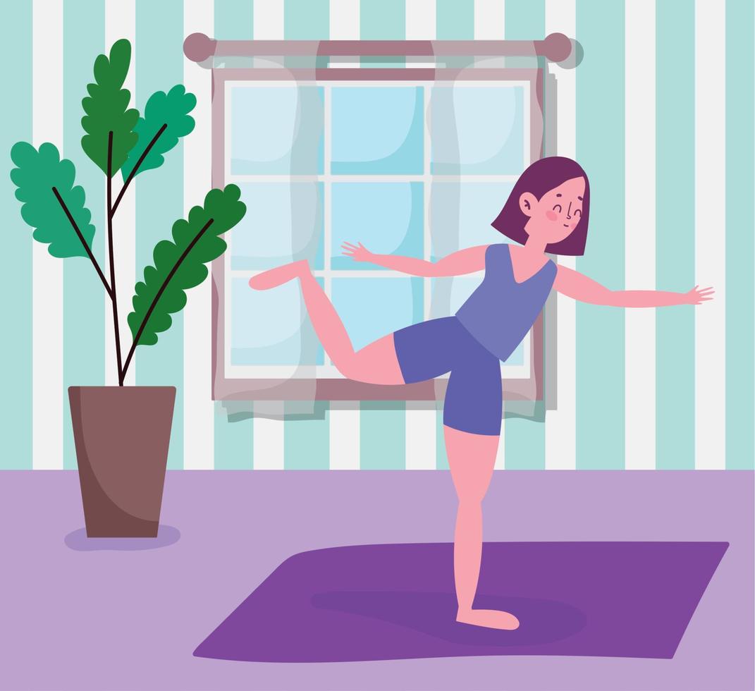 ung kvinna praktiserande yoga i matta aktivitet sport övning på Hem vektor
