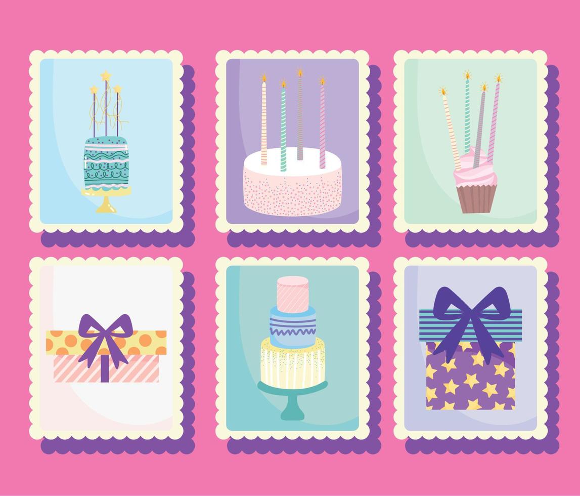 Lycklig födelsedag, gåva kakor muffin ljus klistermärken tecknad serie firande dekoration vektor