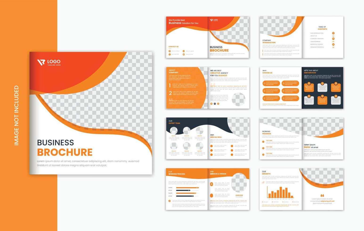 orangefarbenes Quadrat 16 Seiten Unternehmensbroschüren-Designvorlage, quadratischer Geschäftsbroschüren-Layoutvektor vektor