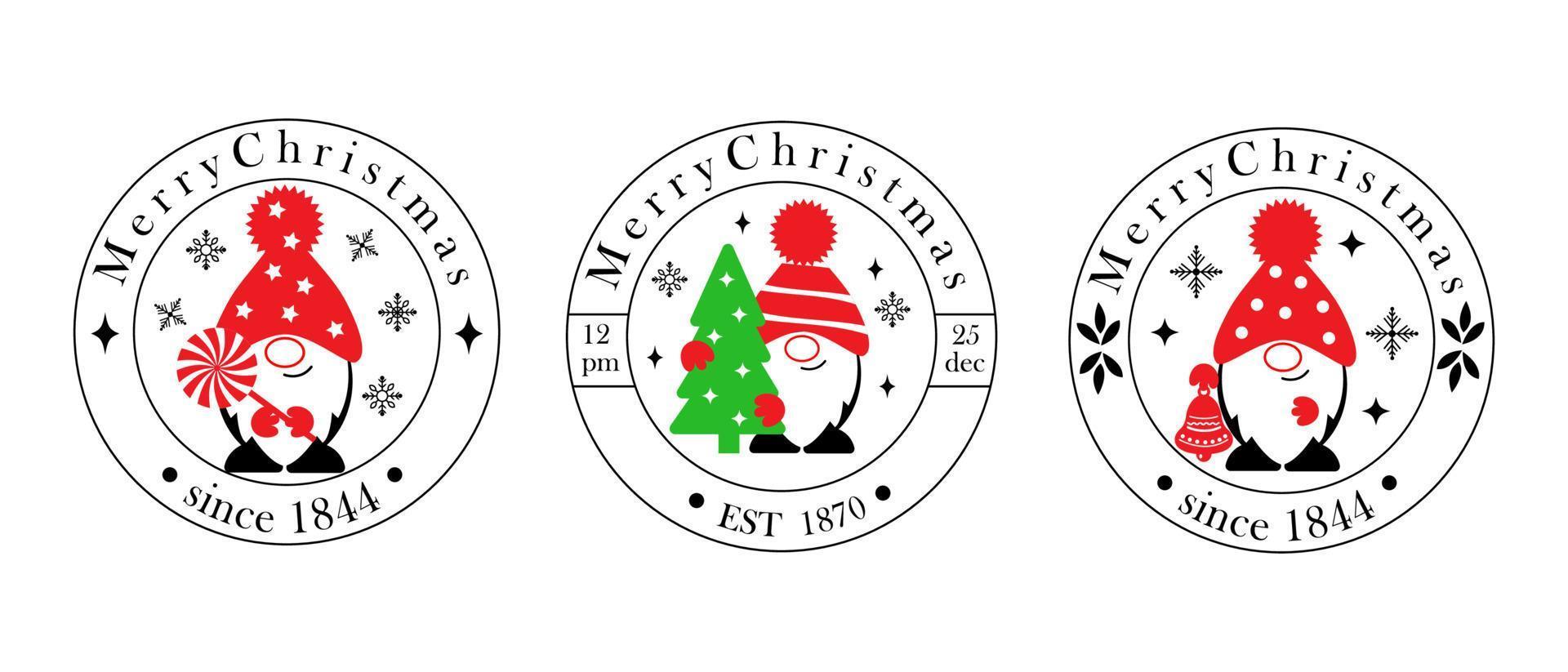 Reihe von Logos mit Gnomen. weihnachtstypografieabzeichen für postkarten, geschenke und banner. Design-Elemente-Sammlung mit Dekorationen ornaments.vector vektor