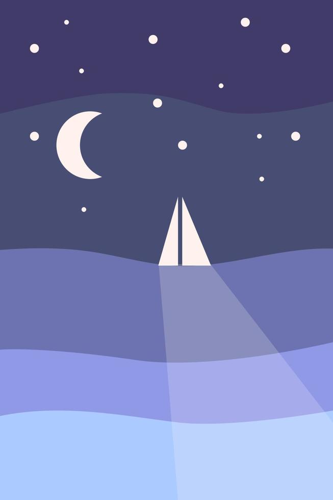 Vektor abstrakte zeitgenössische ästhetische Meeresnachtlandschaft mit Siaboat, Mond, Sternen. Moderne minimalistische Kunst und Design der Mitte des Jahrhunderts.
