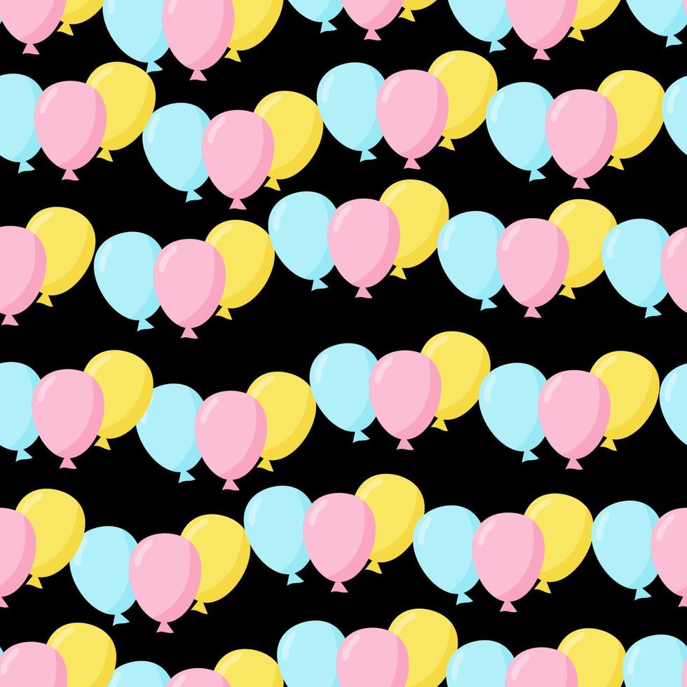 Nahtloser Hintergrund mit Partyballons in verschiedenen Farben, ideal für Babypartys.Luftballons Vektor nahtloses Muster. . design für wohnkultur, textilien, küchendekor. schwarzer Hintergrund