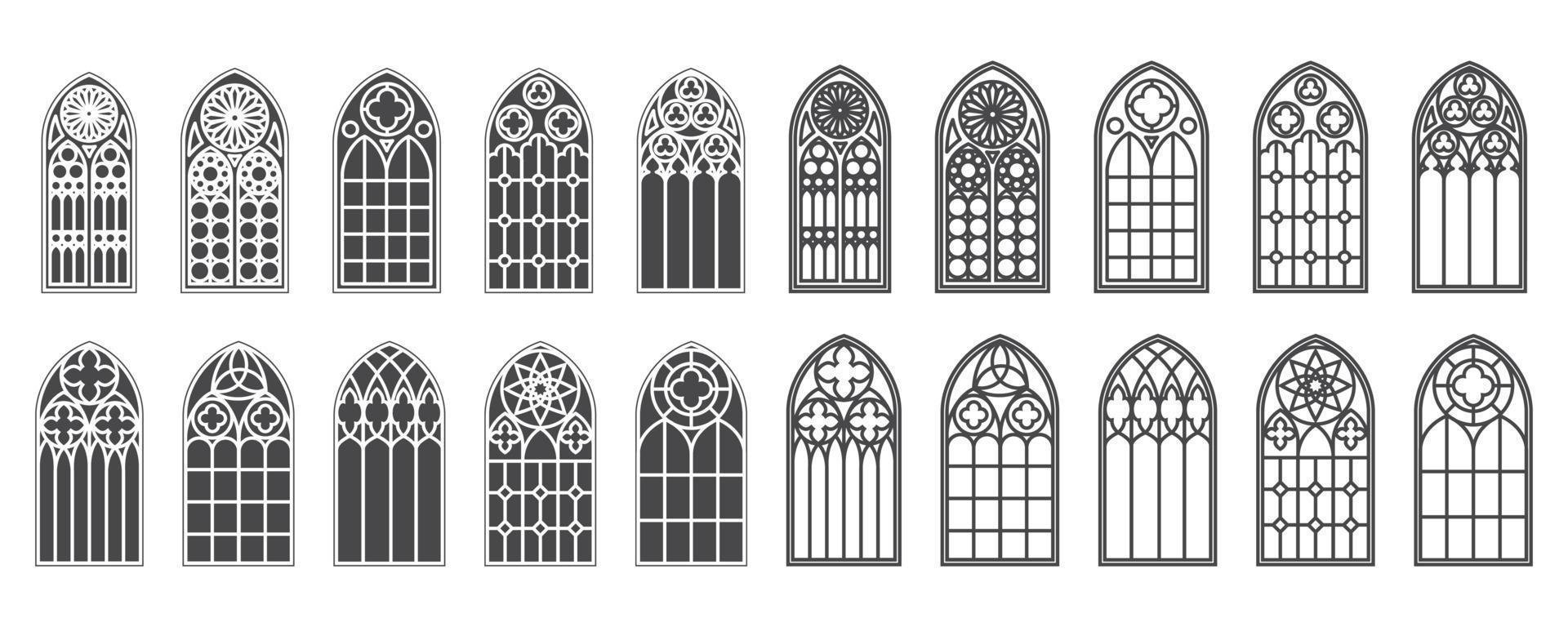 Kirchenfenster gesetzt. Silhouetten gotischer Bögen im klassischen Linien- und Glyphenstil. Glasrahmen der alten Kathedrale. mittelalterliche innenelemente. Vektor