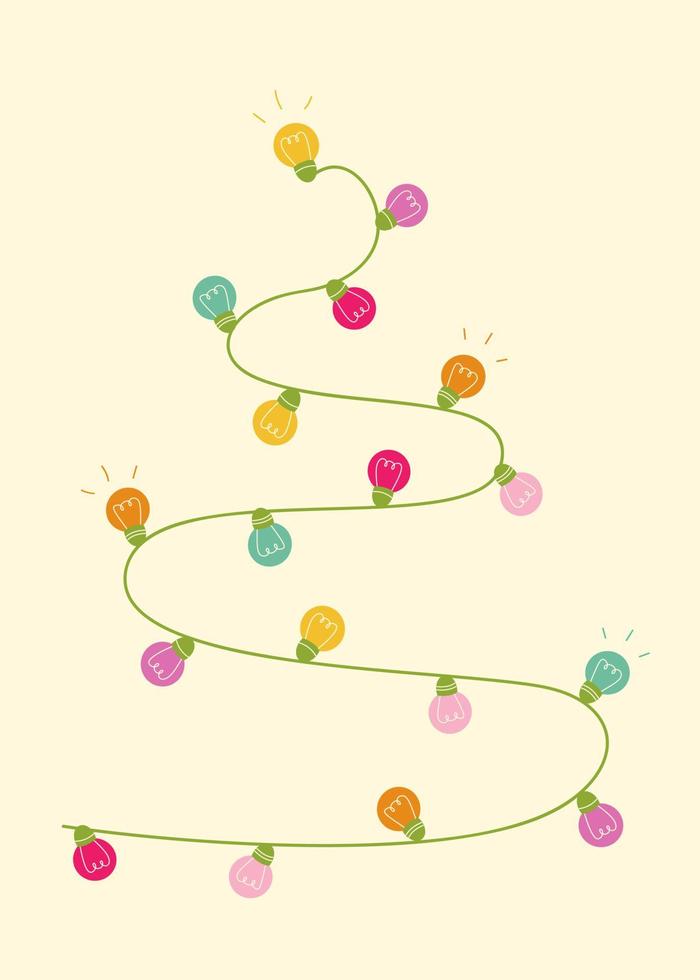 die girlande mit farbigen glühbirnen ist in form eines weihnachtsbaumes ausgelegt. Weihnachtsgrußkarte. Abbildung mit farbigen Laternen. Vektor-Hintergrund. vektor