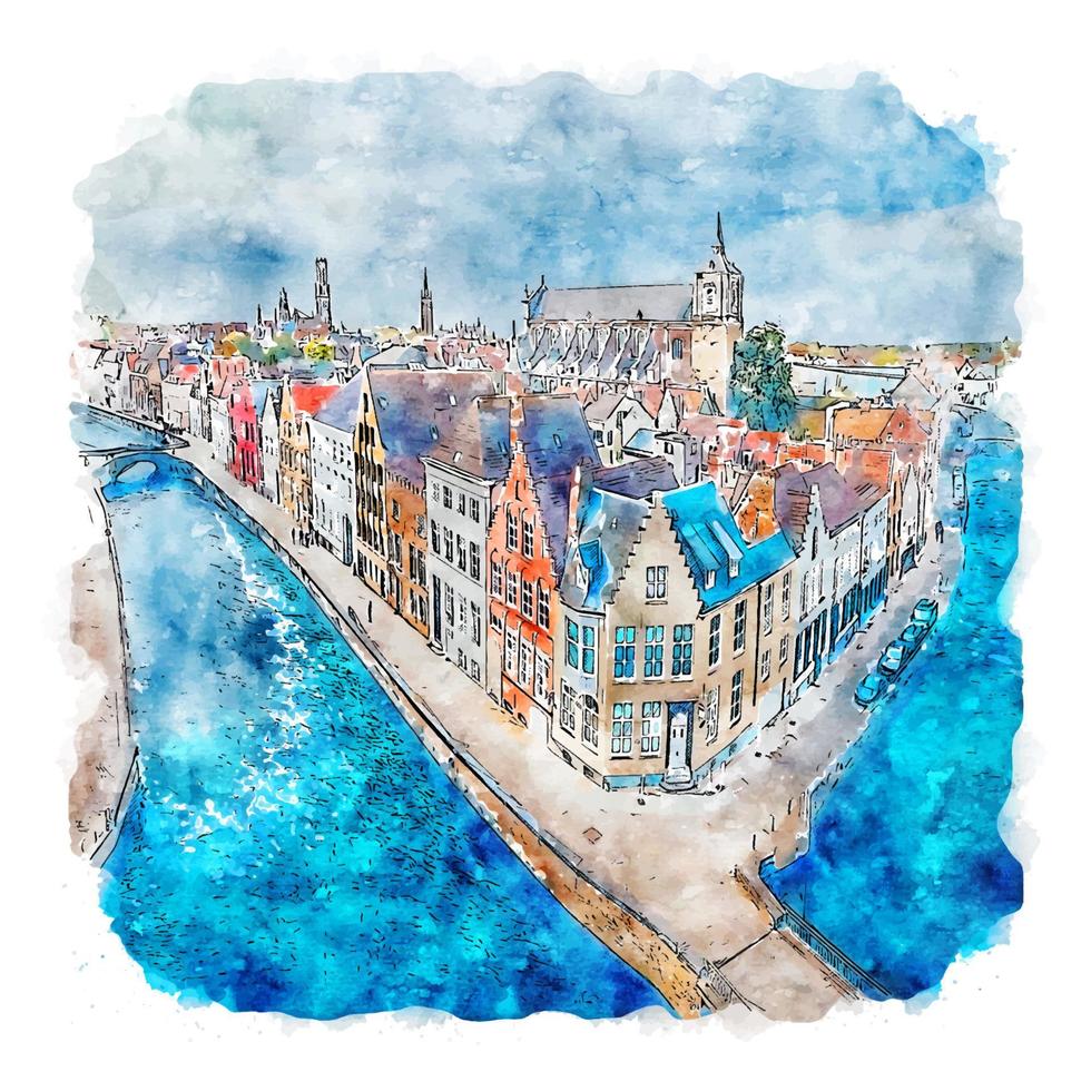 brügge belgien aquarellskizze handgezeichnete illustration vektor