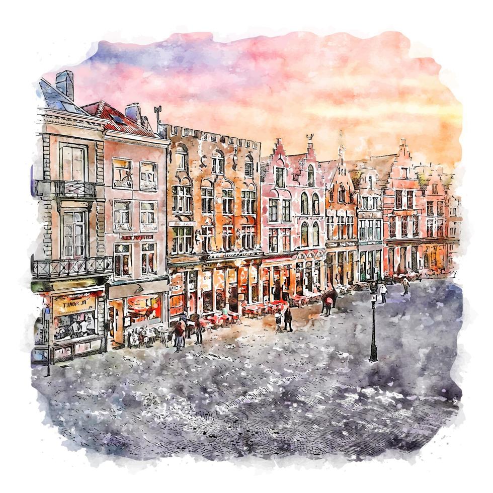 bruges belguim vattenfärg skiss hand dragen illustration vektor