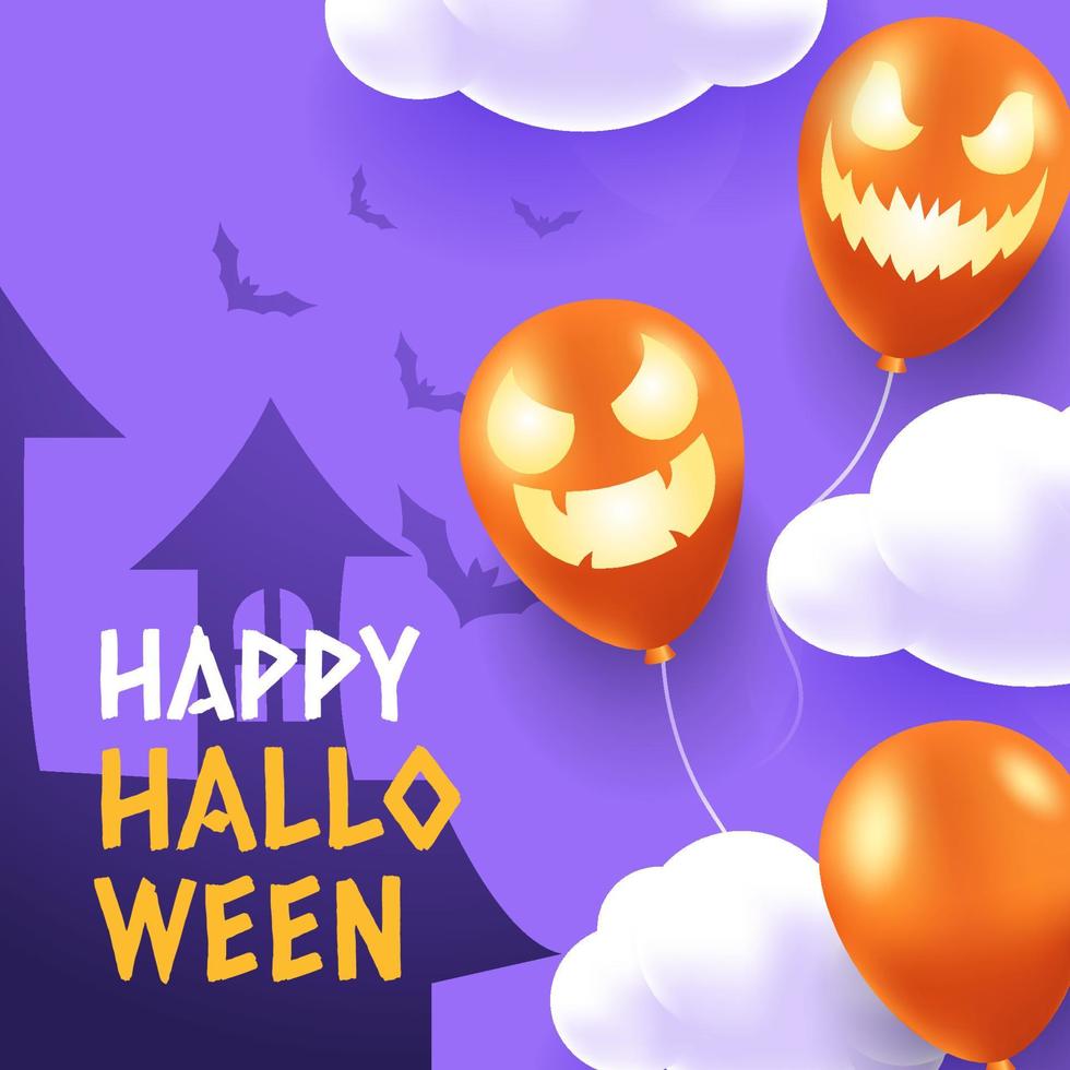 Lycklig halloween 3d illustration med spöke ballon i moln med spöke hus bakgrund vektor