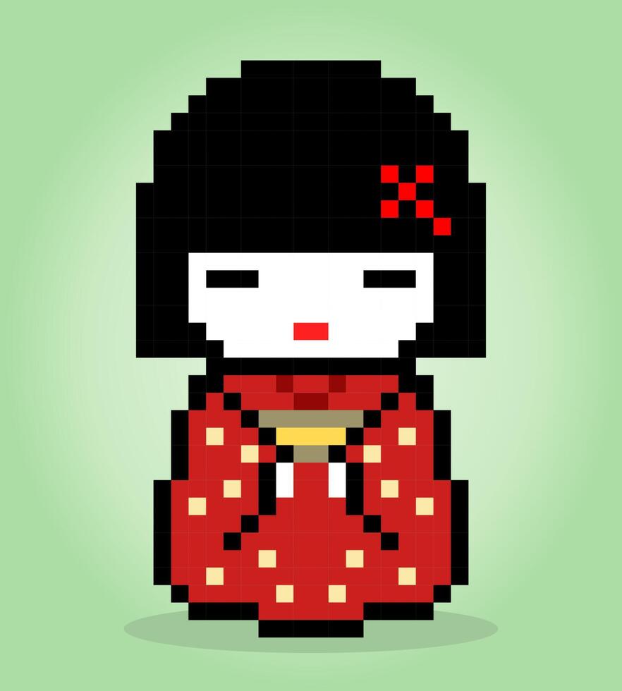 8-Bit-Pixel-Charakterfrauen tragen ein Kimonokleid. Geisha-Pixel in Vektorillustrationen für Spielinhalte oder Kreuzstichmuster. vektor