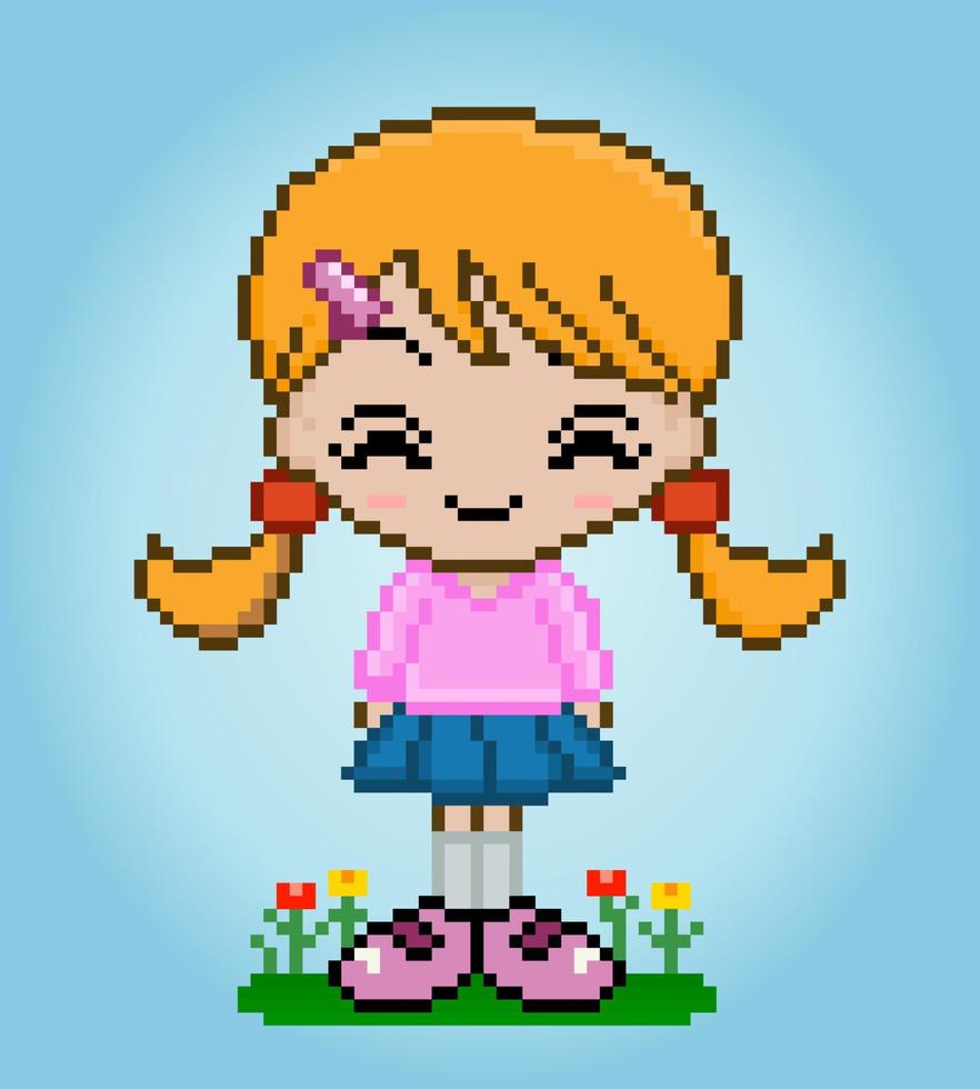 8-Bit-Pixel-Frauenfigur. Anime-Cartoon-Mädchen in Vektorgrafiken für Spiel-Assets oder Kreuzstichmuster. vektor