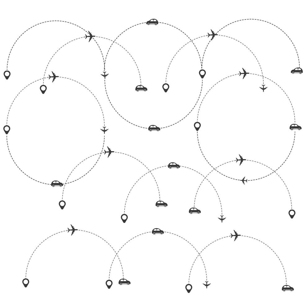 satz der gestrichelten linie flugzeug, auto, lkw und fahrradroute mit flachem design der standortikone vektor