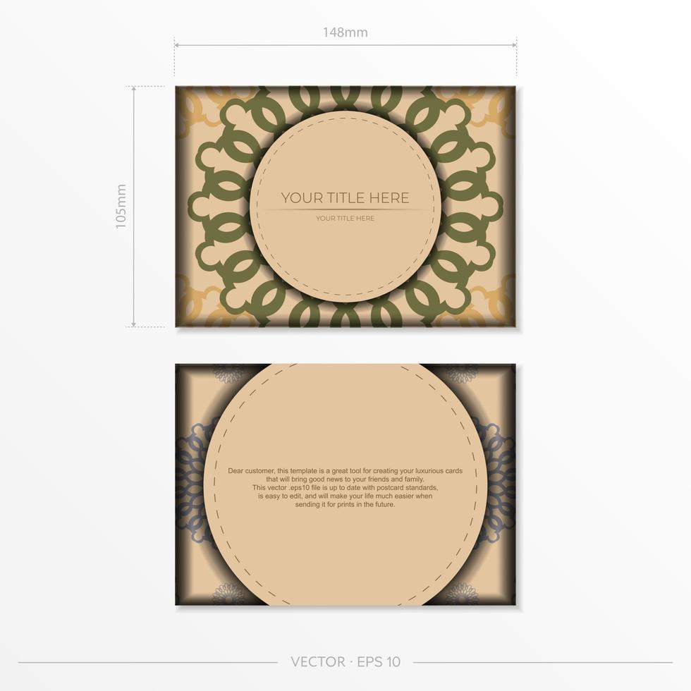 Einladungsvorlage mit Platz für Ihren Text und abstrakte Muster. Vektor Beige Farbe Grußkartendesign mit Mandala-Mustern.