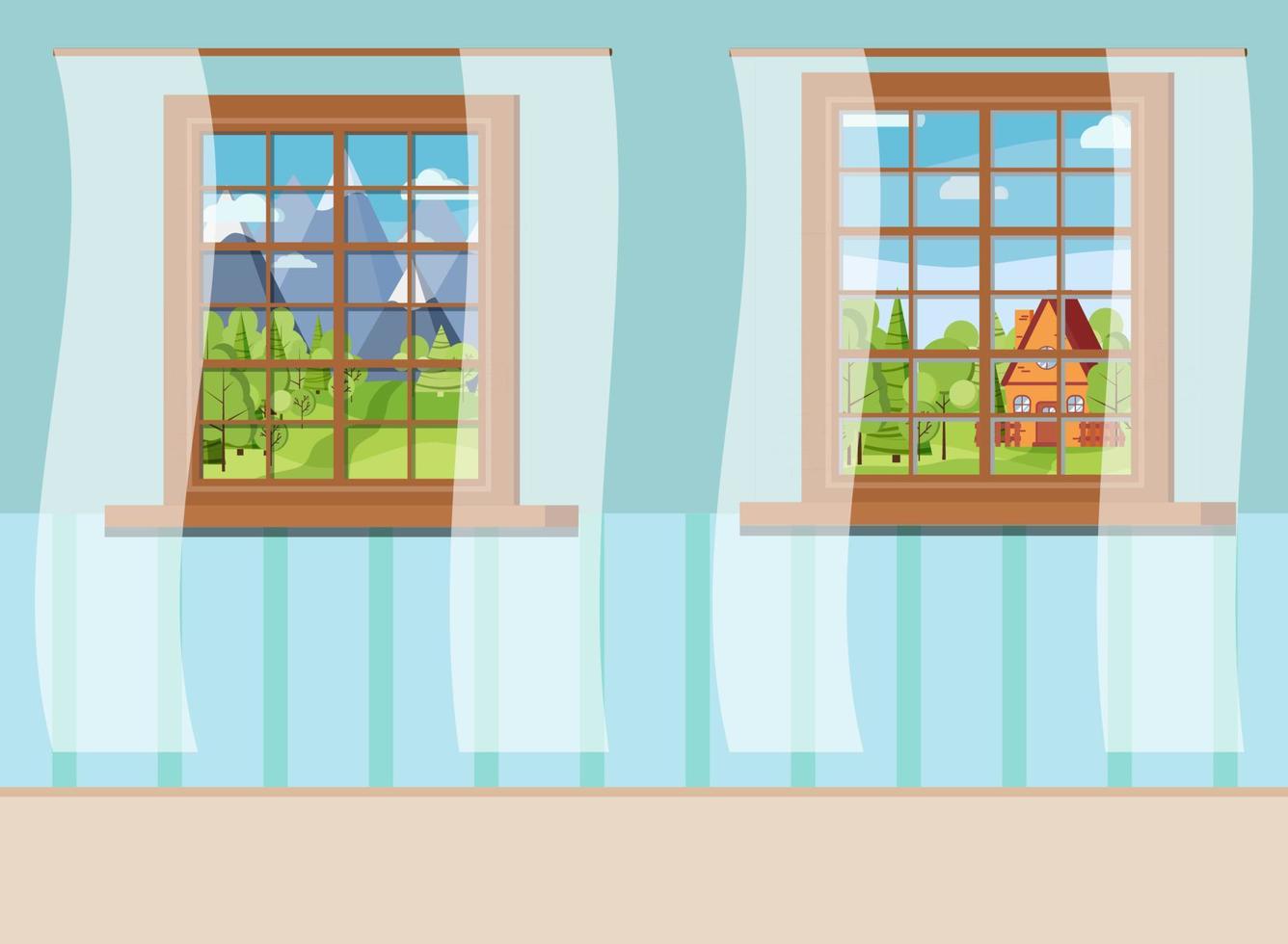 uppsättning av tecknad serie trä- fönster se med vit gardiner i platt stil. vektor