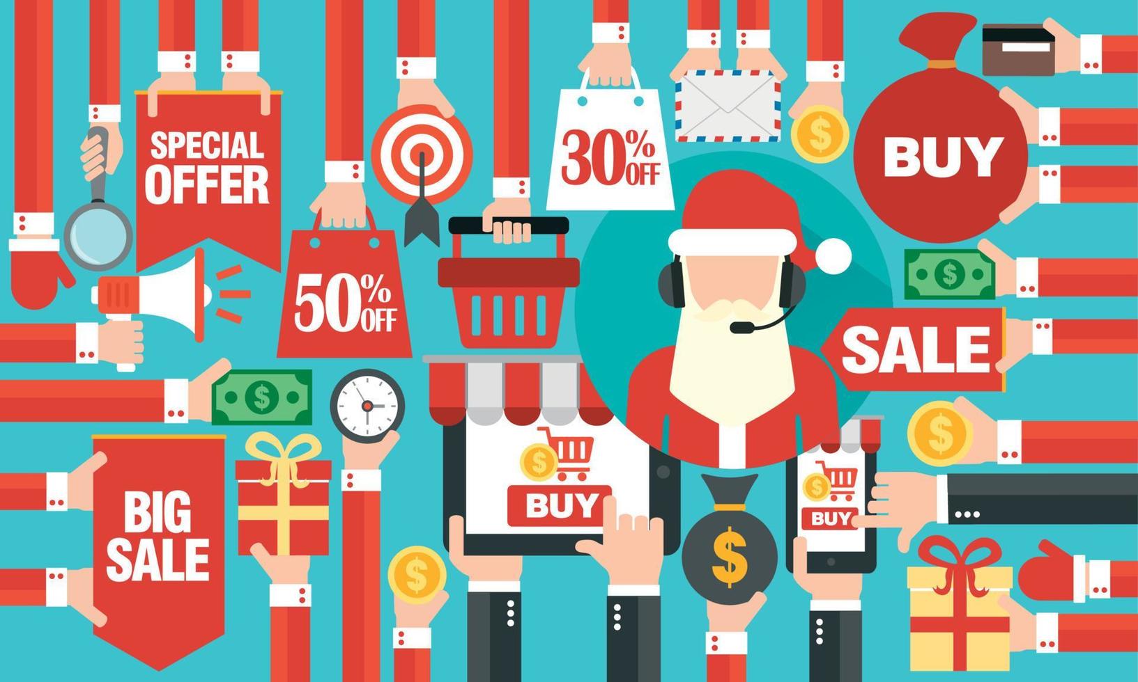 Online-Shopping-Konzept Design Weihnachtsverkauf flach, mit Laptop, Smartphone und Online-Weihnachtsmann vektor