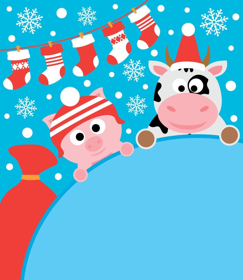 neujahrshintergrundkarte mit schwein und kuh vektor