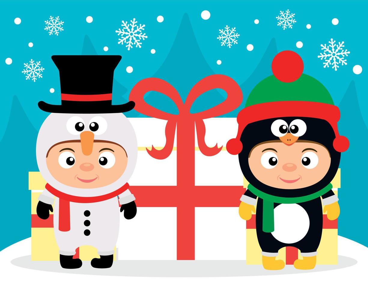 neujahrskarte mit kindern im kostüm schneemann und pinguin vektor