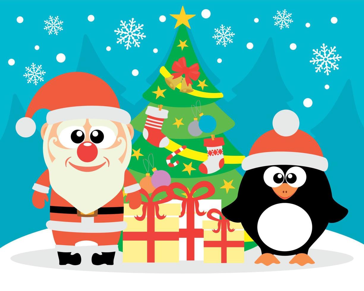 Lycklig ny år kort med rolig pingvin och santa claus vektor