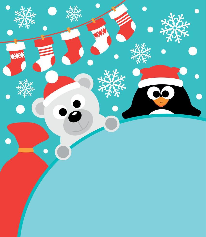 neujahrshintergrundkarte mit pinguin und eisbär vektor