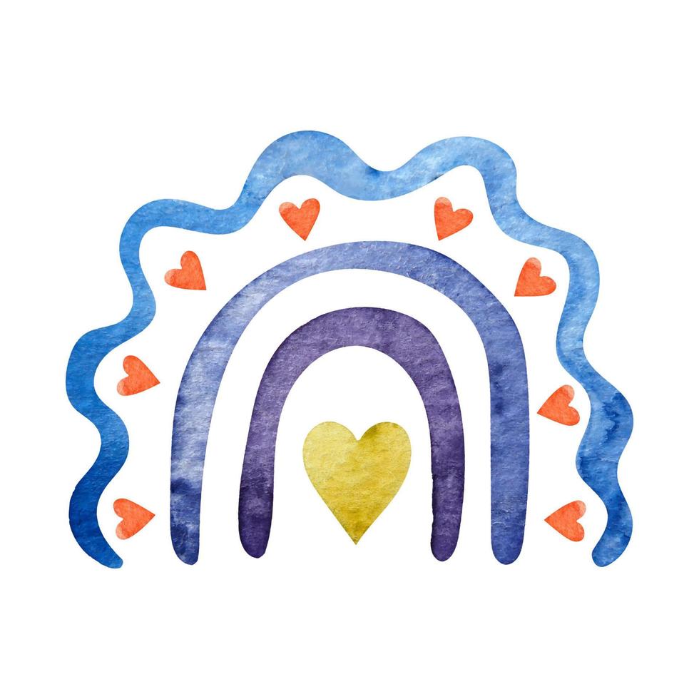 hand dragen blå och lila vattenfärg regnbåge med hjärtan. boho stil vektor vattenfärg regnbåge. perfekt för boho stil design och barn affischer.
