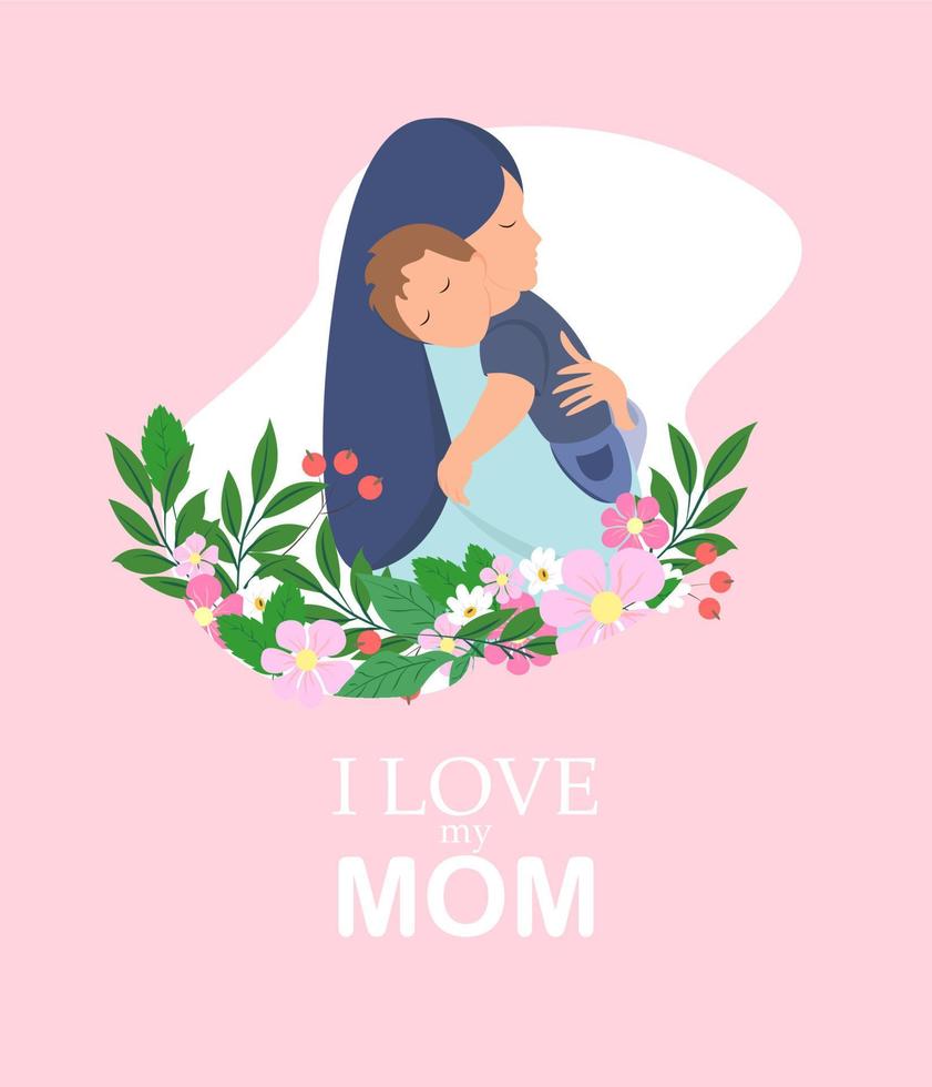 mor och son. mor s dag kort, bakgrund. mor och son med blommor vektor illustration. jag kärlek min mamma.