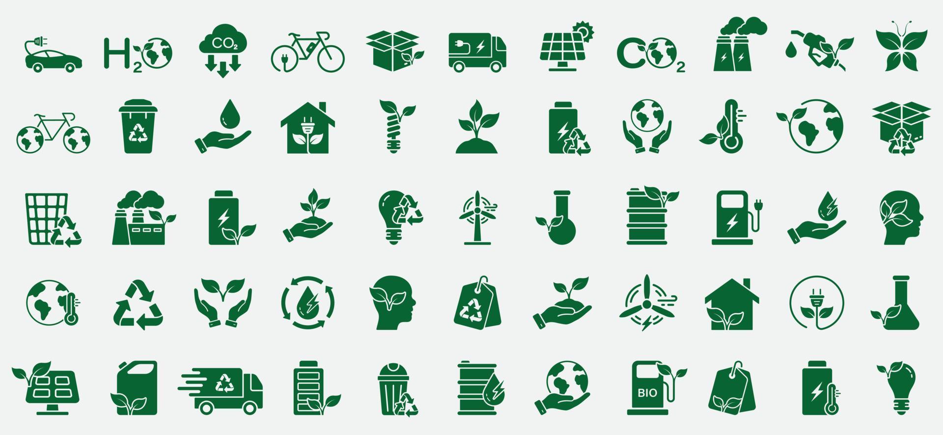 spara miljö- ekologi silhuett ikon uppsättning. eco hus, bil, fabrik rena naturlig miljö symbol. sol- elektrisk förnybar kraft. grön energi glyf piktogram. isolerat vektor illustration.