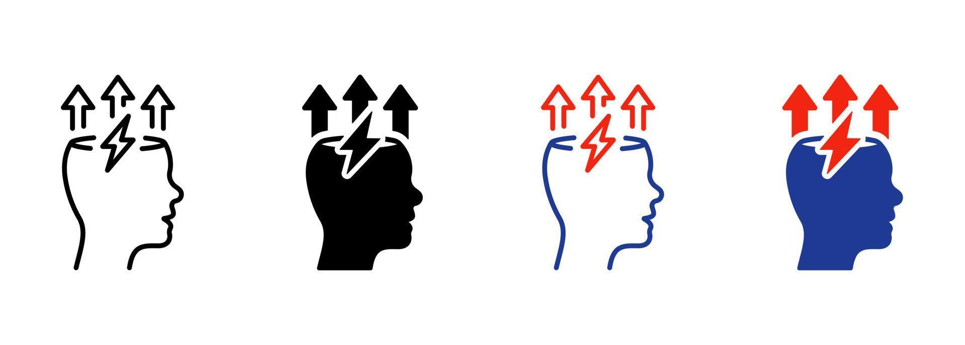 Gehirn und Blitz Silhouette und Liniensymbol. stress, kreativer geist, kopfschmerzpiktogramm. Kreativität denken, intelligentes Brainstorming-Symbol. mentale Stärke. editierbarer Strich. isolierte Vektorillustration. vektor