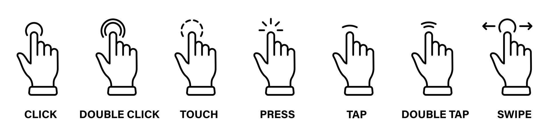 Computer-Maus-Zeiger-Finger-Linie-Icon-Set. Cursor Hand lineares Piktogramm. klicken drücken doppelt tippen berühren wischen punkt geste schwarzes umrisssymbol. editierbarer Strich. isolierte Vektorillustration. vektor