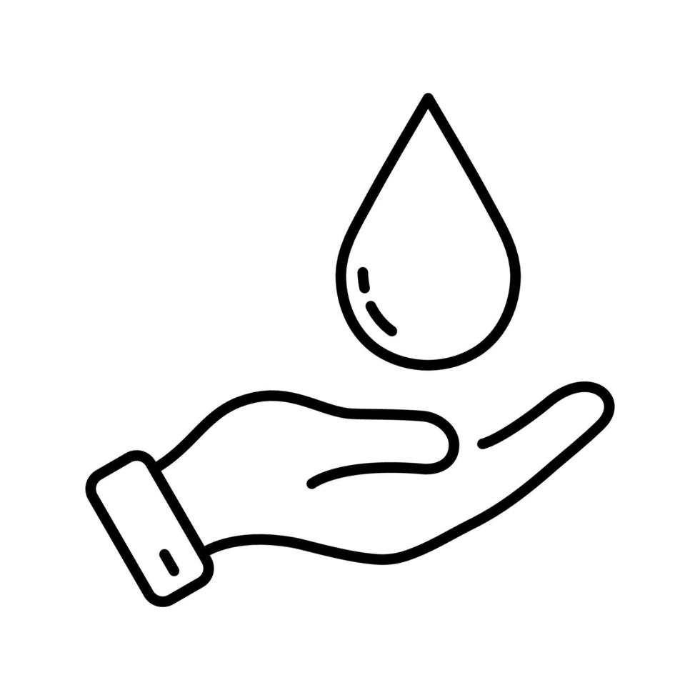 Aqua-Ressourcen speichern, Symbol für die Umweltschutzlinie. hand halten wassertropfen lineares piktogramm. hygiene gesundheitswesen, wasserumrisssymbol reinigen. editierbarer Strich. isolierte Vektorillustration. vektor