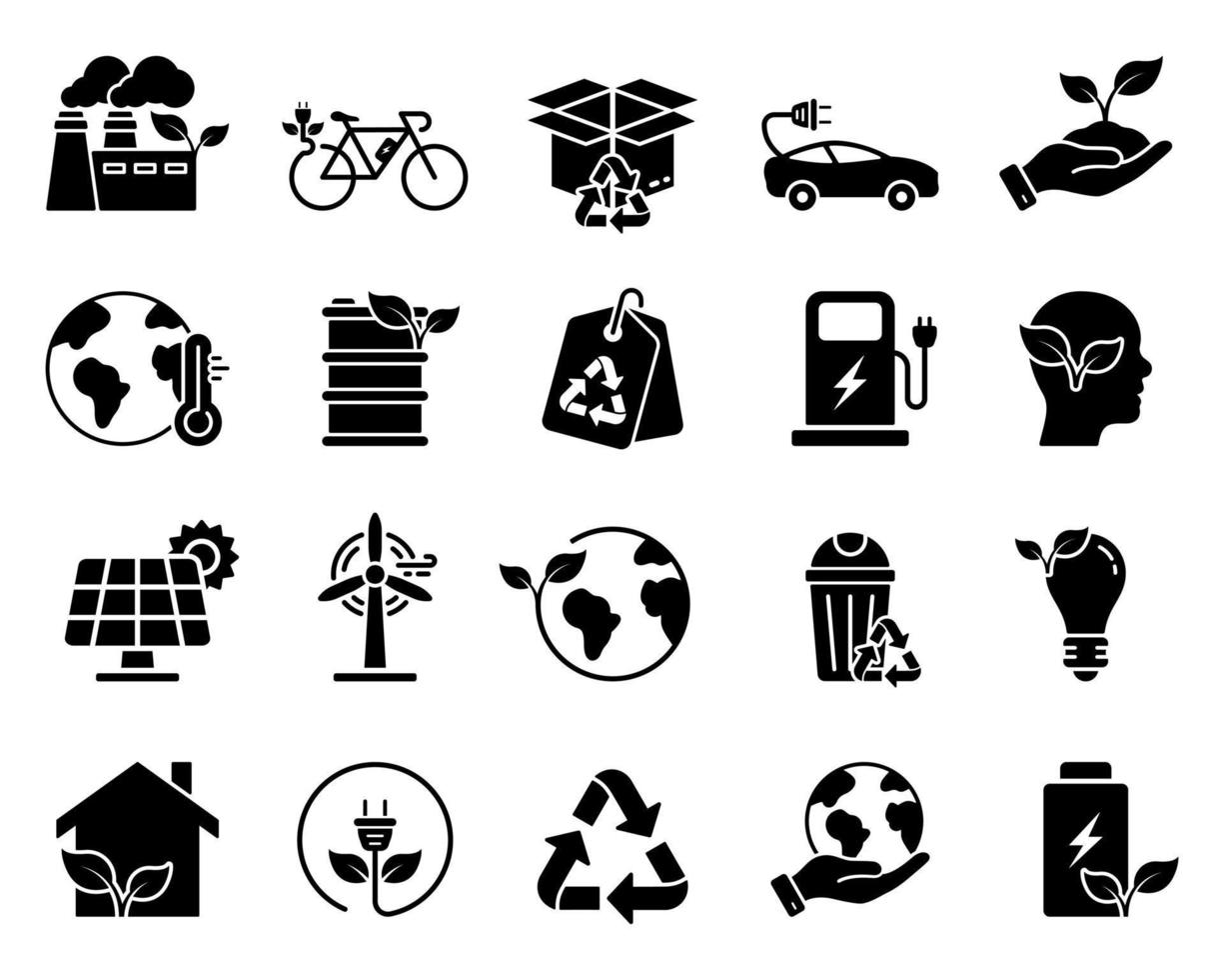 Umweltökologie des Planetenerde-Silhouette-Icon-Sets. grüne naturenergie für haus, autopiktogramm. Öko-Recycling-Symbol für nachhaltige Technologie. Wind- und Wasserkraft. isolierte Vektorillustration. vektor